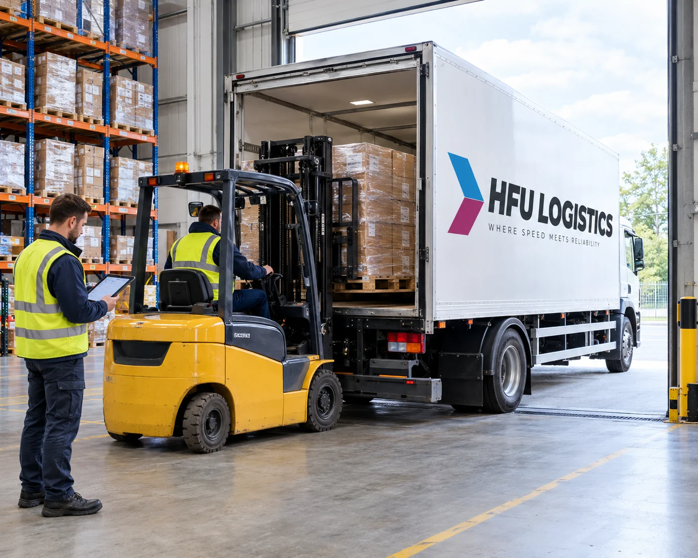 Forklift loading pallets into an HFU Logistics lorry at the warehouse dock