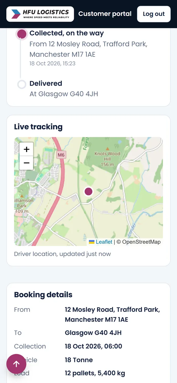 Customer portal showing the driver live on the map