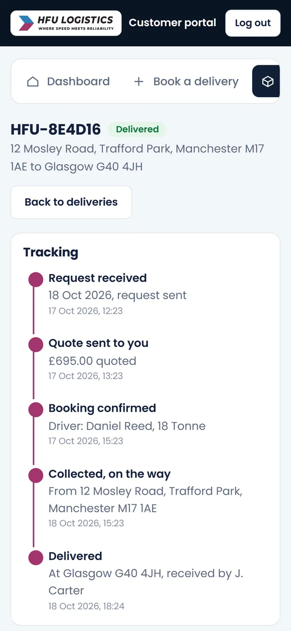Customer portal showing a delivered booking with proof of delivery